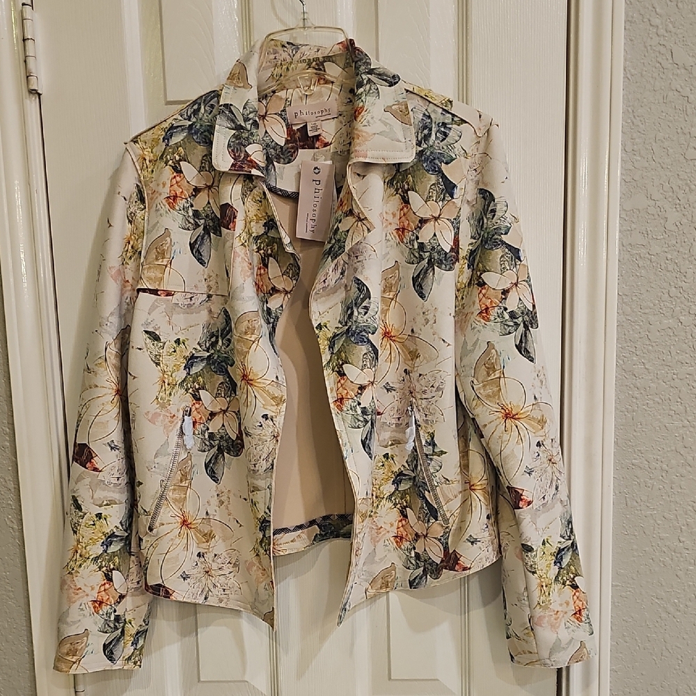 NWT Philosophy Republic Artistic Watercolor Floral Faux Suede Open Jacket Large